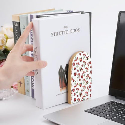 Wooden Book Ends with Metal Base Bookends Supports for Shelves, Ladybug | Cute Red Flower Green Leaves, Non-Slip Book Stoppers for Magazines, Books, DVDs, Small, 1 Pair - color: Style(513)