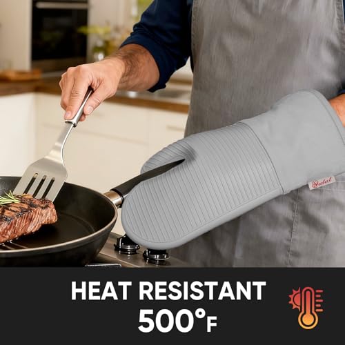 YUTAT Silicone Oven Mitts,High Heat Resistant Up to 500 Degrees,Waterproof Cooking Gloves with Soft Polyester Filling,Kitchen Potholder Set - Perfect for BBQ,Baking and Cooking,Grey,2 Pcs Set - color: Gray-striped Surface, size: 13“L x 7"W-2 Piece