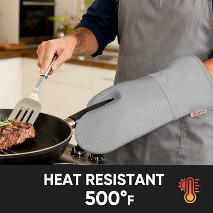 YUTAT Silicone Oven Mitts,High Heat Resistant Up to 500 Degrees,Waterproof Cooking Gloves with Soft Polyester Filling,Kitchen Potholder Set - Perfect for BBQ,Baking and Cooking,Grey,2 Pcs Set - color: Gray-striped Surface, size: 13“L x 7"W-2 Piece