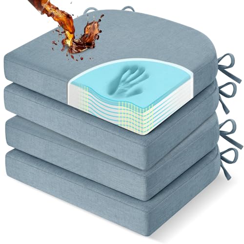 downluxe Chair Cushions for Dining Chairs, Memory Foam Linen Kitchen Chair Pads with Ties, Waterproof, Stain-Resistant and Washable Cover, 17" x 16" x 2.5", Light Blue, 4 Pack - color: Light Blue, size: Pack of 4