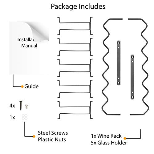 Wallniture Piccola Under Cabinet Wine Rack & Glasses Holder, Kitchen Organization with 6 Bottle Organizer Metal Black