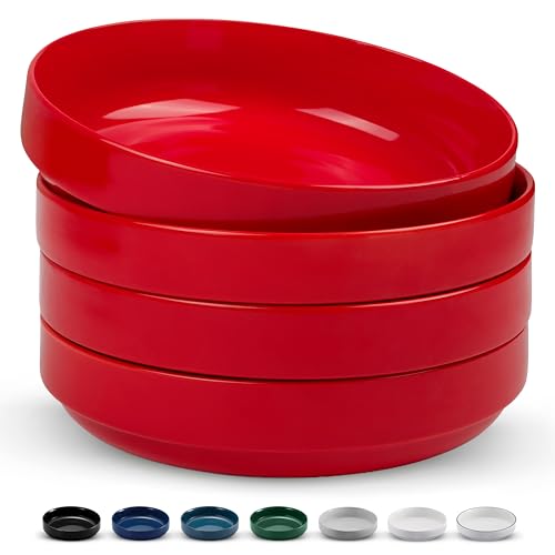 KooK Ceramic Large Pasta Bowls, Microwave and Dishwasher Safe, Great for Soups and Salads, Shallow Serving Bowls, Glossy Porcelain, 47 oz, Set of 4, Cherry Red - color: Cherry Red