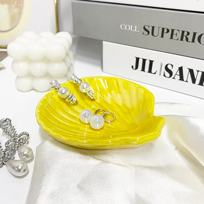 Shell Trinket Dish, Ceramic Jewelry Dish Tray, Cute Organizer Plate for Jewelry, Seashell Jewelry Ring Holder, Birthday Mother's Day Christmas Gift for Women, 3.9", Bright Yellow Iridescent Surface - color: Bright Yellow