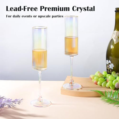 Joeyan Iridescent Gold Rim Ribbed Champagne Flutes Glasses Set of 2, 7oz Square Hand Blown Crystal Prosecco Glasses for Toasting, Sparkling Wine, Mimosas, Cocktails, Wedding, Party, Anniversary, Gift - color: Iridescent champagne glasses