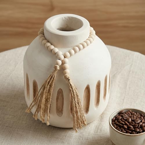 Handmade Wooden Vase with Decorative Beads and Tassels | Rustic Farmhouse Style, Farmhouse vase, Boho vase