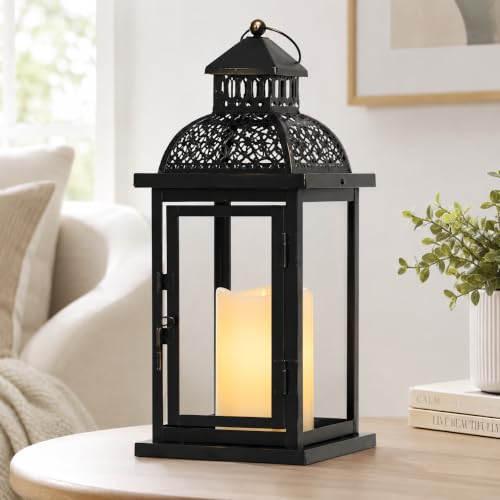 No Glass Lanterns Decorative Indoor & Outdoor, 15'' Candle Lantern Decorative Christmas Indoor Outdoor Decor, Vintage Metal Hanging Lanterns with LED Candle for Patio, Front Porch,Yard, Table - color: Black / 15''h / Timed Candle