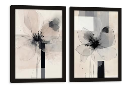 Framed 3D Canvas Abstract Floral Wall Art Modern Minimalist Beige Floral Print Poster Gallery Style Painting Print For Living Room Bedroom Bathroom Office 12x16 Inch 2-Piece Set - color: Abstract Flowers-1, size: 12x16in