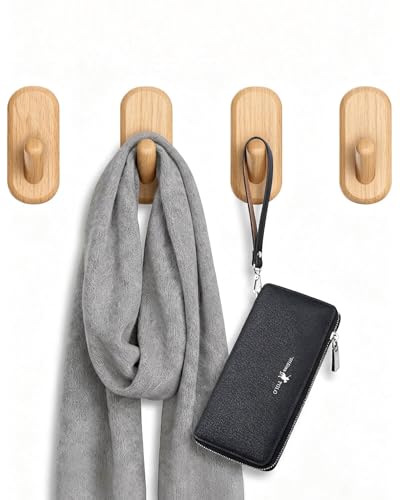 Wooden Wall Hooks for Hanging - 4 Pack Heavy Duty Coat Hooks Wall Mount- Solid Natural Wood Hat, Bag, Backpack & Towel Hooks - Modern Key Holder for Bathroom & Entryway (Beech) - color: Beech