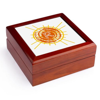 3dRose Yellow, orange sun, stars decorated white text. Resplendent letter R Jewelry Box 7 x 7 inch with 4 inch tile