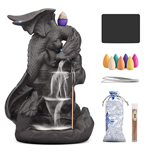 Ceramic Dragon Backflow Incense Holder Waterfall Incense Burner, Smoke Incense Holder, with 70 Backflow Incense Cones + 50 Incense Stick, 1 Mat, 1 Tweezers Home Decor (Brown-Light Dragon) - color: Brown-light Dragon