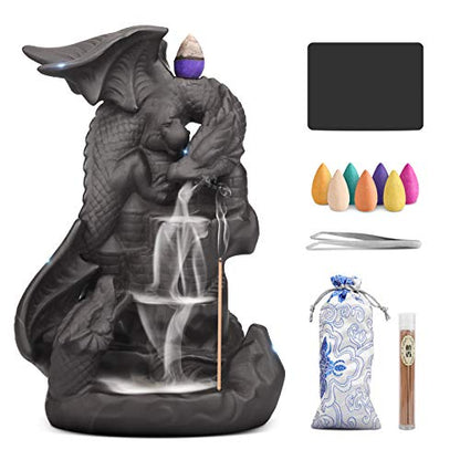 Ceramic Dragon Backflow Incense Holder Waterfall Incense Burner, Smoke Incense Holder, with 70 Backflow Incense Cones + 50 Incense Stick, 1 Mat, 1 Tweezers Home Decor (Brown-Light Dragon) - color: Brown-light Dragon
