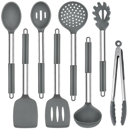TeamFar Kitchen Utensils Set of 8, Silicone Utensils Kitchen Tools | Stainless Steel Handle, for Nonstick Cookware Frying Flipping Draining, Healthy & Anti-heat, Nonstick & Dishwasher Safe -Gray - color: Light Grey