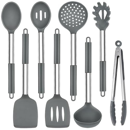 TeamFar Kitchen Utensils Set of 8, Silicone Utensils Kitchen Tools | Stainless Steel Handle, for Nonstick Cookware Frying Flipping Draining, Healthy & Anti-heat, Nonstick & Dishwasher Safe -Gray - color: Light Grey