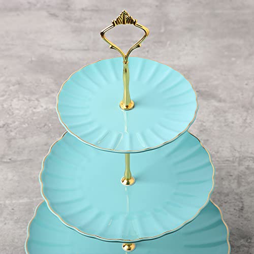 Sweejar 3 Tier Ceramic Cake Stand Wedding, Dessert Cupcake Stand for Tea Party Serving Platter (Turquoise) - color: Turquoise