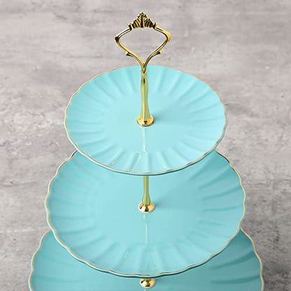 Sweejar 3 Tier Ceramic Cake Stand Wedding, Dessert Cupcake Stand for Tea Party Serving Platter (Turquoise) - color: Turquoise