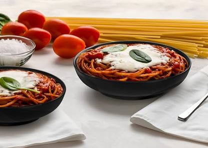 KooK Pasta Bowls Set of 6, Salad Bowl, Large, Ceramic, Microwave and Dishwasher Safe, Great for Soups and Salads, Shallow Serving Bowls, Glossy Porcelain, 32 oz, (Black) - color: Black