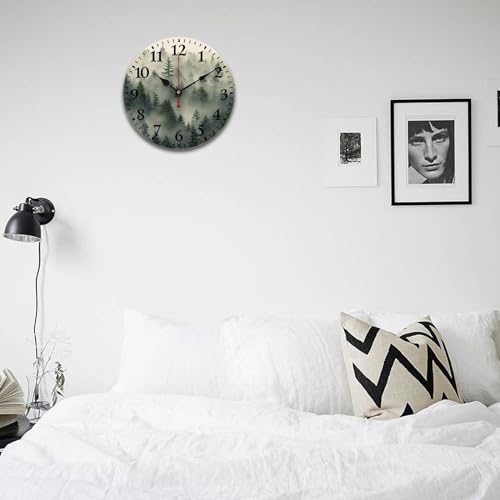 Nature Pine Trees Scenic Foggy Mountain Wooden Wall Clock - Watercolor Misty Plants Smokey Green Modern Wood Clock - Quality Quartz Non-Ticking 12 Inch Round - color: Pattern-6, size: 12 Inch