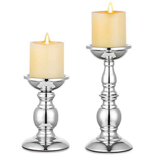 Nuptio Pillar Candle Holders Metal Candle Holder Ideal for 3 inches Candles, Silver Candle Holder for Living Room, Gardens, Spa, Aromatherapy, Incense Cones, Wedding, Party, 2 Pcs | (S + L) Metal Candle Holder for Living Room Gardens Spa Aromatherapy Ince