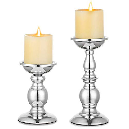 Nuptio Pillar Candle Holders Metal Candle Holder Ideal for 3 inches Candles, Silver Candle Holder for Living Room, Gardens, Spa, Aromatherapy, Incense Cones, Wedding, Party, 2 Pcs | (S + L) Metal Candle Holder for Living Room Gardens Spa Aromatherapy Ince