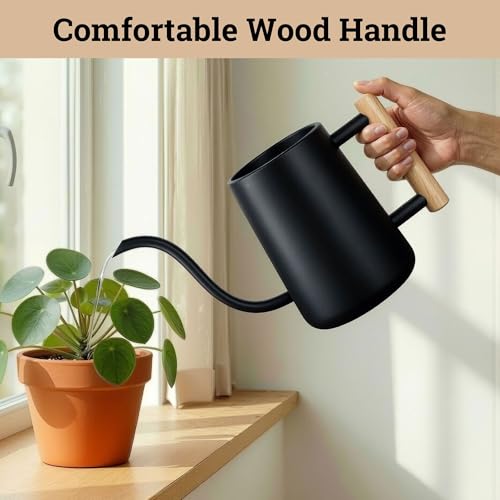 Metal Small Indoor Watering Can with Long Spout & Real Wood Handle, 35oz | Long Spout, Stainless Steel, Real Wood Handle, Gentle Flow, No Spills, Suitable for House Plants, Succulents & Seedlings - color: Black