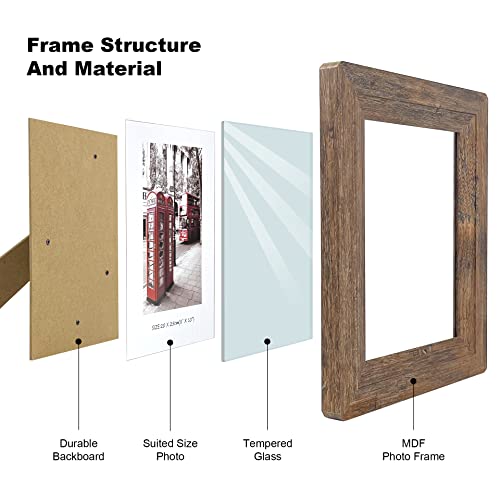 8x10 Picture Frames Set, Set of 4 Wooden Picture Frames Real Tempered Glass and Composite Wooden Rustic Rounded Corners Photo Display for Tabletop Wall Mount (Brown) | Rounded Corner Barn Wood Frame, Kid-Safe Tempered Glass, Wall Mount & Tabletop Vertical