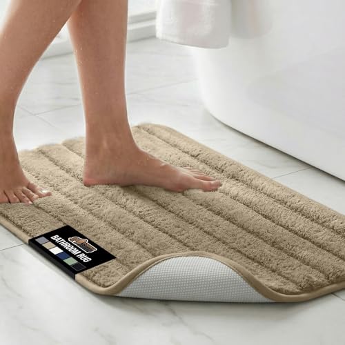 GORILLA GRIP Memory Foam Bathroom Rugs, Soft Absorbent Textured Rubber Backing Striped Bath Mat, Machine Washable Quick Dry Cushioned Floor Mats, Shower Rugs Home Decor Accessories, Beige 34x20 - color: Beige, size: 34" X 20"