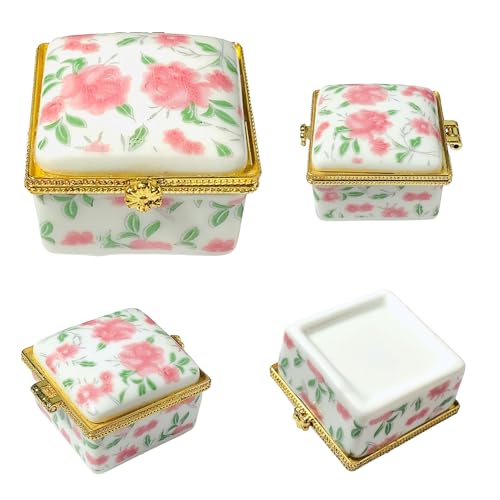 Tiny Square Porcelain Trinket Box | Pink Cabbage Roses | French Style Gift Box with Velvet Bag - style: Pink Cabbage Roses Square
