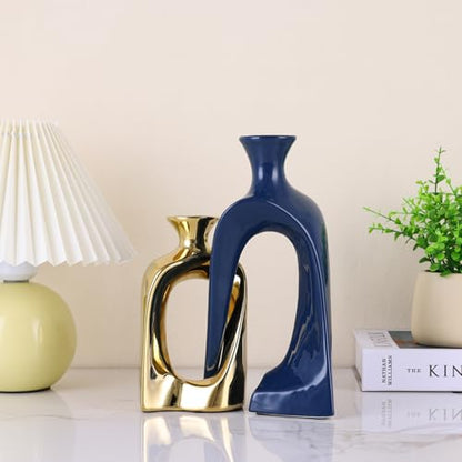 Blue and Gold Ceramic Vases,Pottery Decor Aesthetic Pampas Grass Vase,Midcentury Modern Decor Boho Vase,Unique Donut Vase for Coffee Table Centerpiece,Entry Table Decor (Blue Gold)