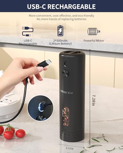CIRCLE JOY Rechargeable Electric Salt and Pepper Grinder Set with Base, Automatic Pepper Mills with 110ml Container, External Adjustable Coarseness, White Led Light and One-Handed Operation, Black - color: Upgrade Black