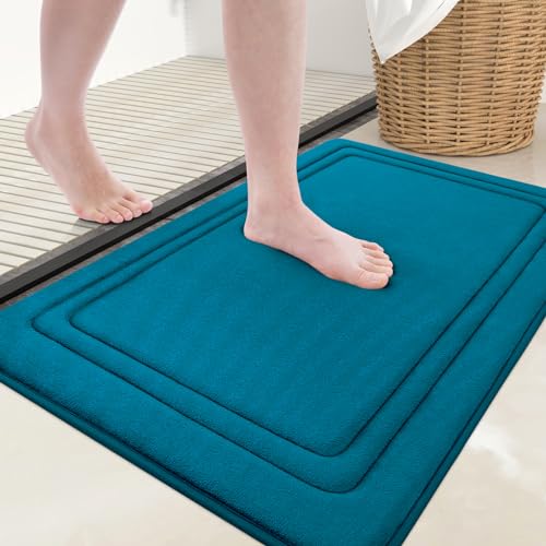 Grandaily Memory Foam Bath Mat Rug 24x16, Ultra Soft, Non-Slip and Absorbent Bathroom Rugs, Machine Wash Dry, Comfortable Bath Carpet for Bathroom Floor, Tub and Shower, Peacock Blue - color: Peacock Blue, size: 24" x 16"