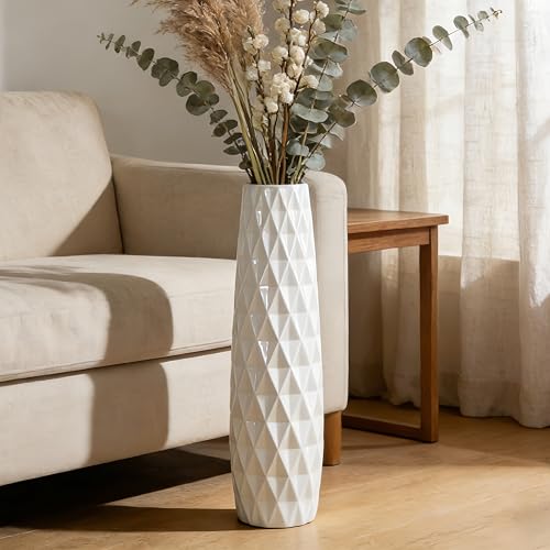 White Tall Ceramic Floor Vase, 24 Inch, Textured Design | Glossy Glazed Finish, Living Room, Fireplace, Entryway, Pampas Grass - color: Shape 2, size: 24 Inch