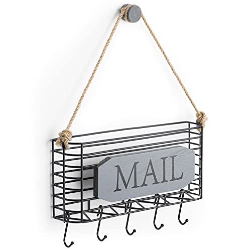 SRIWATANA Mail Organizer Wall Mount, 5 Key Hooks, Small, Weathered Grey | Mail Holder Key Holder for Wall, Hanging Mail Sorter, Letter Basket for Receipts Bills Envelopes, Home & Office Organizer - color: Weathered Grey, size: Small