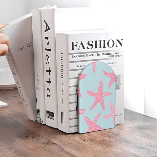Pink Starfish Simple Bookends for Shelves 2 Pcs Wooden Book Stopper Organizer for Home Office Libraries