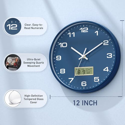 12 Inch Wall Clock, Silent Non-Ticking Analog with LCD Display, Battery Operated, Perpetual Calendar, Date, Weekday & Temperature (°C/°F), Tempered Glass for Living Room, Bedroom, Kitchen, Office