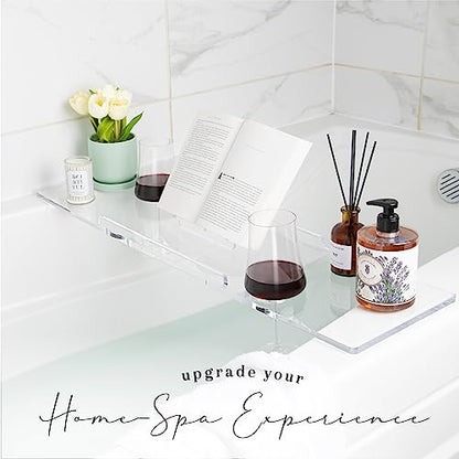 34" Supreme Plus- Luxury Bathtub Tray Caddy- 3/8" Thick, Clear Bath Tub Tray Table for 1 or 2 Bathers, Acrylic Bathtub Caddy, iPad and 2 Wine Glass Holders (Supreme Plus, 34") - size: 34" x 9" x 1.5"