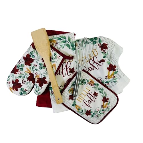 Farmhouse Fall Autumn Harvest Kitchen Hand Towels and Pot Holder Set: Hello Fall Red Burgundy Wine White Green Falling Leaves Design - color: Autumnleaves