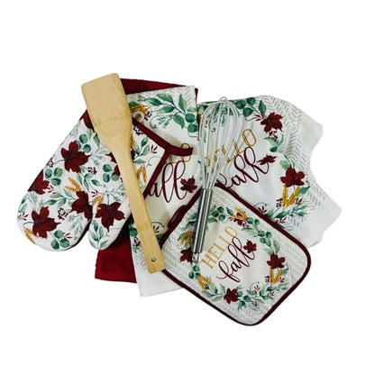 Farmhouse Fall Autumn Harvest Kitchen Hand Towels and Pot Holder Set: Hello Fall Red Burgundy Wine White Green Falling Leaves Design - color: Autumnleaves