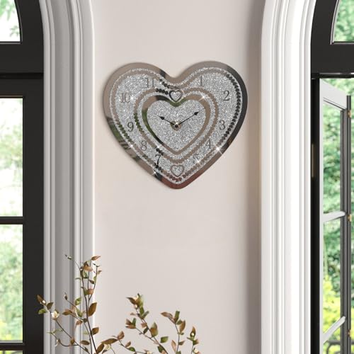 Crystal Wall Clocks for Living Room Decor Heart Shape Silver Diamond Mirrored Wall Clock with Sparkle Twinkle Bling Crushed Diamond for Wall Decoration - style: Heart