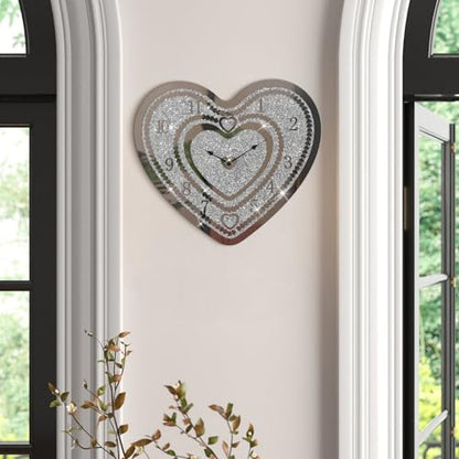 Crystal Wall Clocks for Living Room Decor Heart Shape Silver Diamond Mirrored Wall Clock with Sparkle Twinkle Bling Crushed Diamond for Wall Decoration - style: Heart