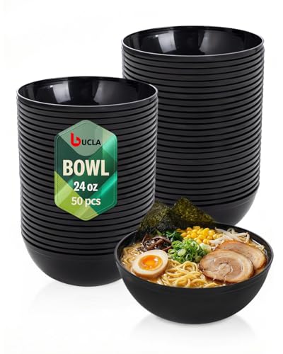 bUCLA 50 Pack Black Plastic Serving Bowls - 24oz Disposable Bowls for Dessert, Soup, Cereal, Salad & Fruit - Ideal for Wedding & Party - color: Black, size: 24oz