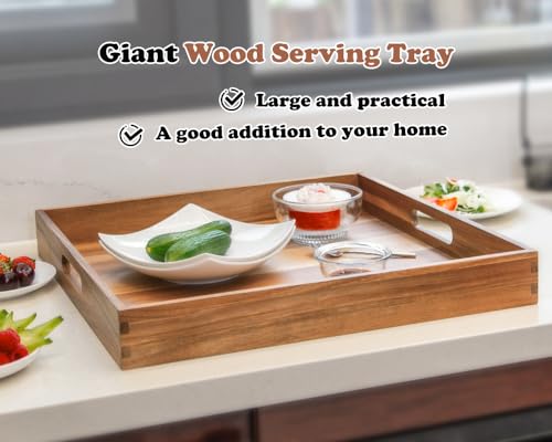 Large Ottoman Tray for Living Room, 20" Extra Large Wooden Tray for Ottoman Square Big Acacia Serving Trays with Handles for Coffee Table, Breakfast, Appetizers, Dinner - color: 20" Square Tray - Acacia