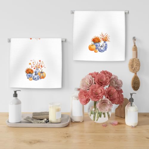 Fall Chinoiserie Kitchen Towels Set of 2, Fall Flowers Hand Towels | Autumn Blue and White Porcelain Dish Tea Towel for Kitchen Decorative, Blue Grandmillennial Fall Bathroom Decor, 16x24In
