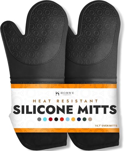BPA-Free Silicone Oven Mitts Ultra Heat Resistant up to 500°F - Oven Mitts with Thick Cotton Liner - Long Slip Resistant Pot Holders, Flexible Oven Gloves - Black 14.7 - color: Black, size: 2-Piece 14.7" Oven Mitts