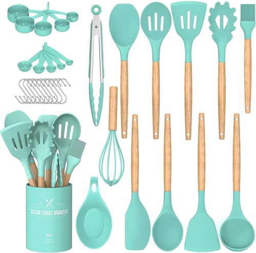 Umite Chef Kitchen Cooking Utensils Set, 24 pcs Non-stick Silicone Cooking Kitchen Utensils Spatula Set with Holder, Wooden Handle Heat Resistant Silicone Kitchen Gadgets Utensil Set (Green) - color: Green