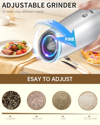 CIRCLE JOY Gravity Electric Salt and Pepper Grinder Set with 2-Speed, Rechargeable Salt and Pepper Grinder Set, Adjustable Coarseness, Whiet LED Light - color: Silver Variable Speeds, size: KYMQ + Rechargeable