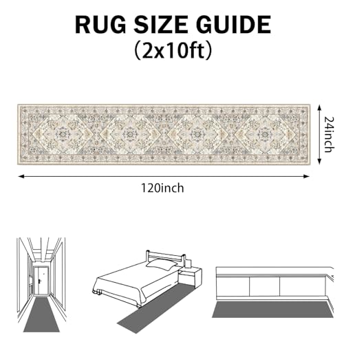 AooHHooA Boho Washable 2x10 Runner Rugs Beige Non Slip Low Pile Long Runner Rug, Stain Resistant Soft Faux Wool Runners for Hallway Laundry Entryway Bedroom - color: Beige, size: 2' x 10' (Runner)