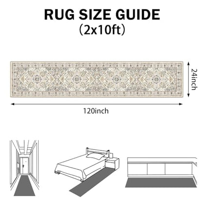 AooHHooA Boho Washable 2x10 Runner Rugs Beige Non Slip Low Pile Long Runner Rug, Stain Resistant Soft Faux Wool Runners for Hallway Laundry Entryway Bedroom - color: Beige, size: 2' x 10' (Runner)