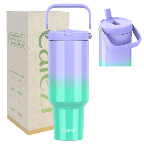 40 oz Insulated Tumbler with Top Handle and Flip Straw | Vacuum Insulated Stainless Steel Cup with Leak-Proof Lid, Sweat-Free, Fits Cup Holder, Keeps Ice Cold up to 30 Hours - color: Purple Green, size: 40 Ounces