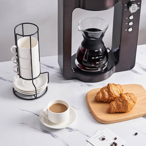 YOLIFE 2.5oz Espresso Cups, Stackable Espresso Cups Set of 4 | Porcelain Espresso Cup with Saucers and Metal Stand, Expresso Shots Cup -White - color: White, size: 2.5oz