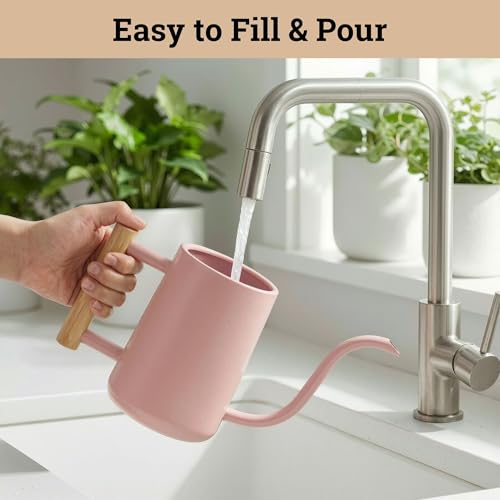 Metal Small Indoor Watering Can with Long Spout & Real Wood Handle, 35oz | Long Spout, Stainless Steel, Real Wood Handle, Gentle Flow, No Spills, Suitable for House Plants, Succulents & Seedlings - color: Pink